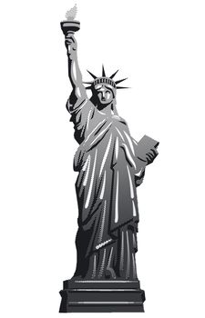 black and white illustration of statue of liberty in manhattan
