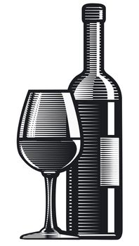 engraving style illustration of wine bottle with glass