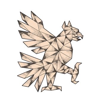 Tattoo style illustration of a glifo from the azteca's culture of a Cuauhtli showing an eagle in a fighting stance viewed from the side set on isolated white background. 