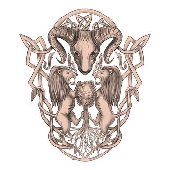 Tattoo style illustration of stylized bighorn sheep head with two lion supporters climbing on tree with Celtic knot, called Icovellavna, plait work or knotwork woven into unbroken cord design set on isolated white background. 