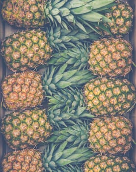 Retro Style Background Texture Of Fresh Pineapples At A Market Stall
