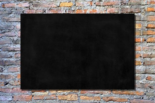 Black Chalkboard on Old Brick Wall Texture Background.