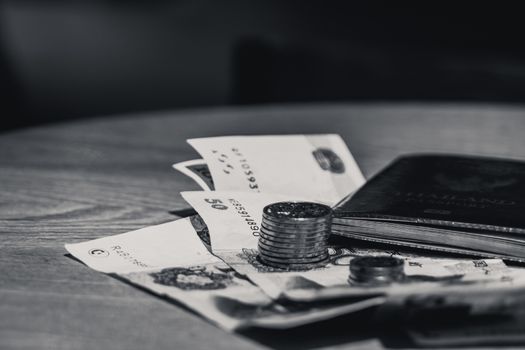 Pocket money for traveling and working. The coin, bank note and passport are ready for working aboard. - black and white scene