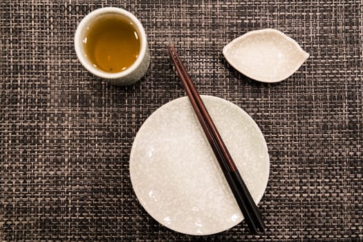 Dish plate with chopstick and tea cup