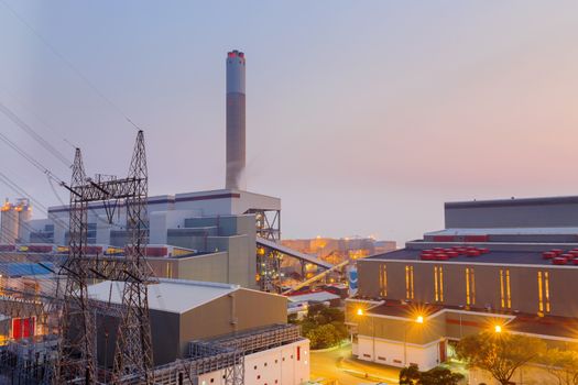 Hong Kong power station at sunset , Glow light of petrochemical industry