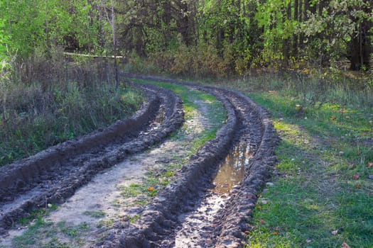 Messy rural dirt road after rain with deep tire tracks