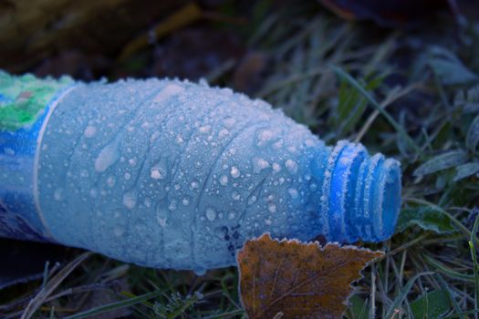bottle of Water in ice lay on the ground