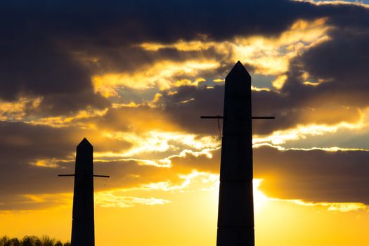 column on sunset background. mystic scary look