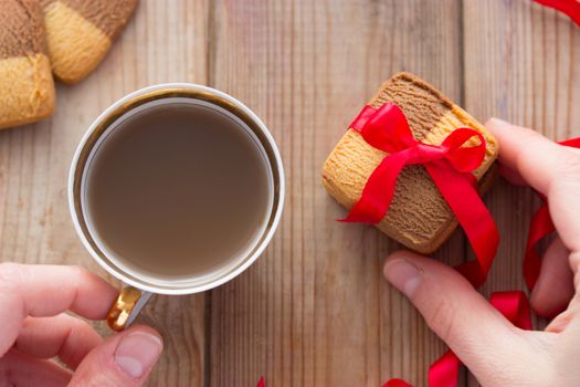 Valentine's Day, romantic template cookie bow and cup of tea