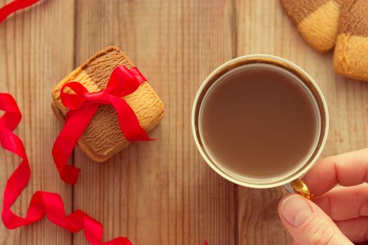 Valentine's Day, romantic template cookie bow and cup of tea