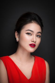 Closeup of beautiful sexy girl with bright makeup and red lips. Beauty fashion asian woman.
