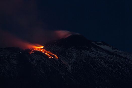 Eruption volcano Etna of april 2017. Mount Etna is an active stratovolcano on the east coast of Sicily, Italy, in the Province of Catania, between Messina and Catania.