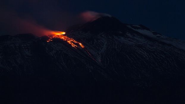 Eruption volcano Etna of april 2017. Mount Etna is an active stratovolcano on the east coast of Sicily, Italy, in the Province of Catania, between Messina and Catania.