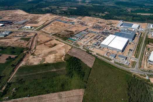 Industrial Estate Land Development Earthmoving and Construction in Thailand Aerial Photography