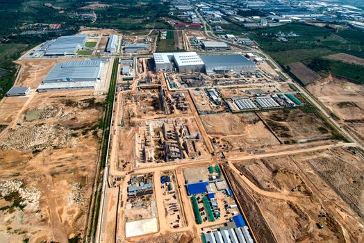 Industrial estate land development construction and residential area aerial view