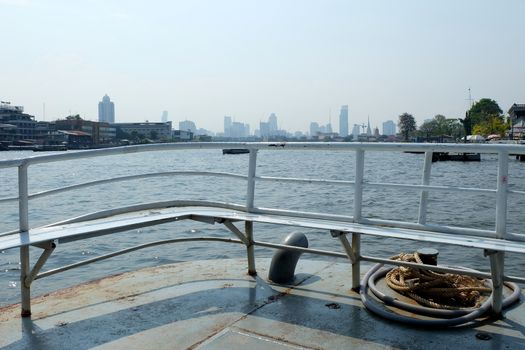 Scenery of Chaophraya River from local ferry. Chaophraya River is the major river in Thailand.