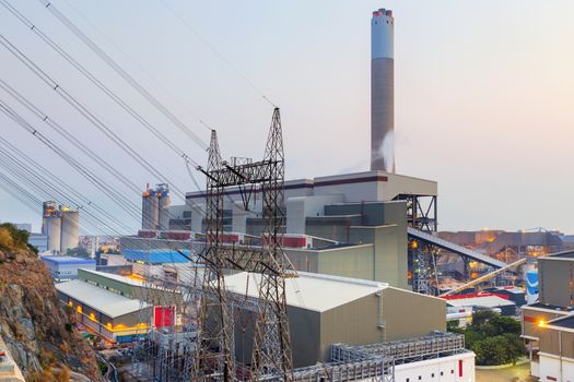 Hong Kong power station at sunset , Glow light of petrochemical industry