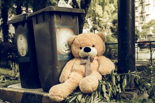 The teddy-bear was throw away sitting byside the garbage trash