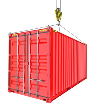Red Cargo Container Hoisted By Hook, Isolated on White Background. 3D Illustration. Transportation Concept. Template For Your Design