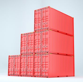 Pile of red freight containers, isolated on a white background. 3D rednering