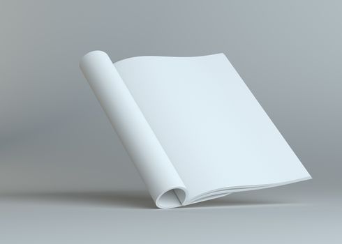 Blank open paper brochure on grey studio background. Empty place for your content. 3D Illustration