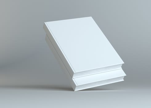 Blank two empty books on grey studio background. Empty place for your content. 3D Illustration