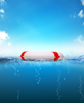 Lifebuoy swims on the surface of the sea. View of the surface and underwater parts. 3D rendering