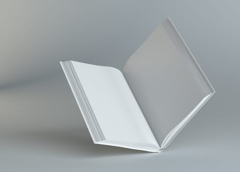 White empty open book on gray background. Template for your content. 3d illustration