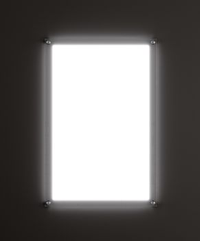 Rectangular advertising lightbox. Empty white screen. Dark gray background. 3d illustration. Template for your design