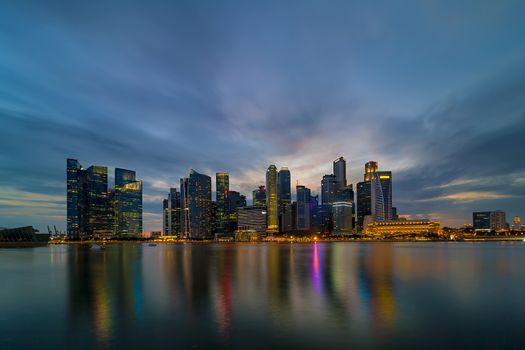 Singapore city Central Business District CBD skyline during evening twilight blue hour
