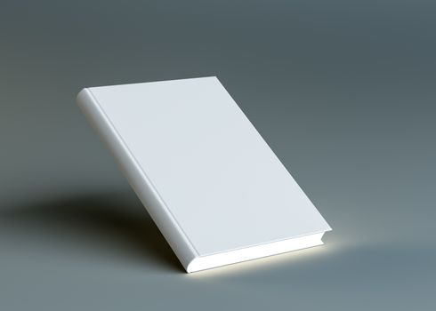 A closed white empty book stands on the corner. The pages are glowing. The concept of learning or advertising of the publication. Dark background. 3d illustration