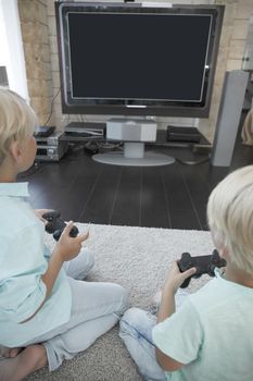 Two brothers playing video games at home