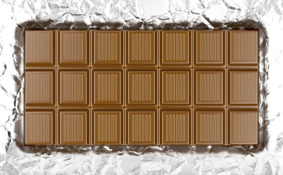 Milk chocolate bar on wrinkled aluminum foil 