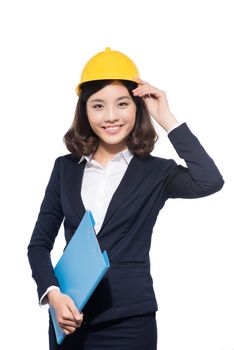 Portrait of young architect student woman wearing helmet