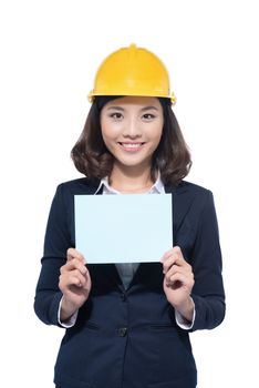 Smiling architect woman hold blank paper. Isolated portrait.