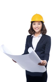 Portrait of architect student woman with blueprints protect wearing helmet