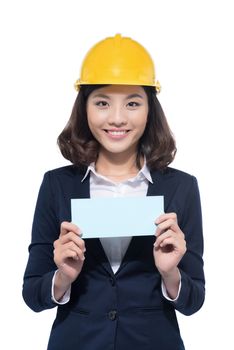 Smiling architect woman hold blank paper. Isolated portrait.