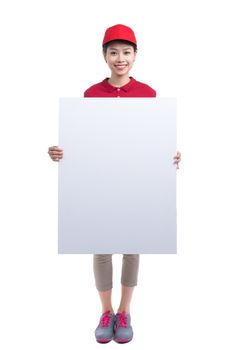 Portrait of delivery woman holding white board isolated on white background.