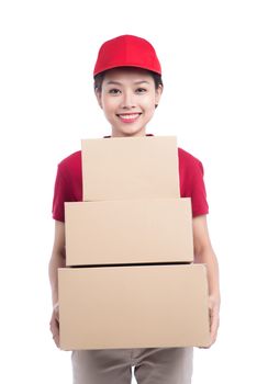 Portrait of delivery woman service happily delivering package to costumer
