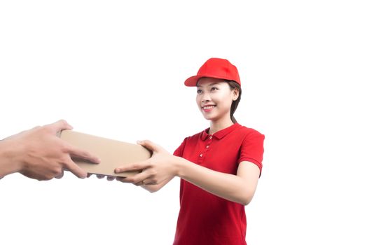 Portrait of delivery woman service happily delivering package to costumer