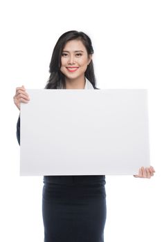 Young asian business woman showing a white board isolated on white background.