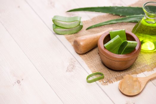 Aloe vera essential oil and aloe leaves on a white background.