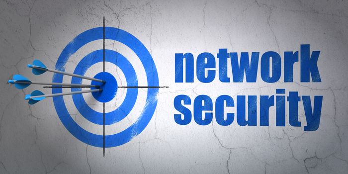 Success safety concept: arrows hitting the center of target, Blue Network Security on wall background, 3D rendering