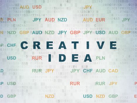 Business concept: Painted blue text Creative Idea on Digital Data Paper background with Currency