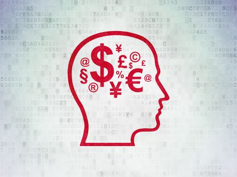 Business concept: Painted red Head With Finance Symbol icon on Digital Data Paper background