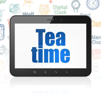 Time concept: Tablet Computer with  blue text Tea Time on display,  Hand Drawing Time Icons background, 3D rendering