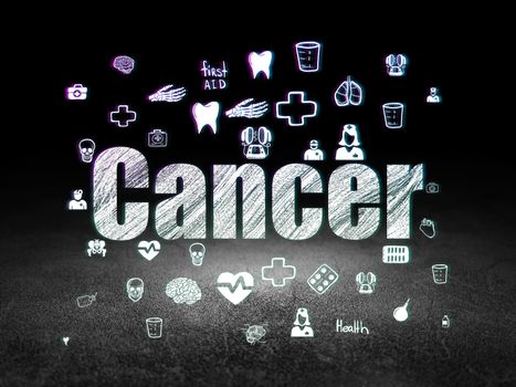 Health concept: Glowing text Cancer,  Hand Drawn Medicine Icons in grunge dark room with Dirty Floor, black background
