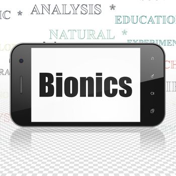 Science concept: Smartphone with  black text Bionics on display,  Tag Cloud background, 3D rendering