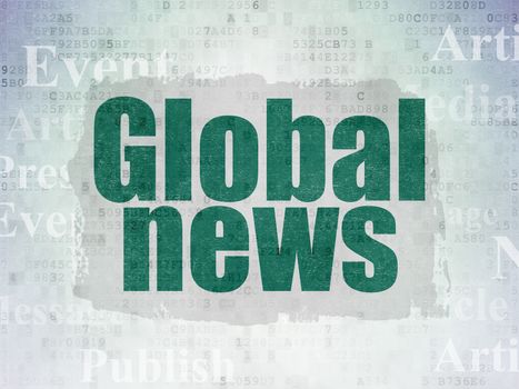 News concept: Painted green text Global News on Digital Data Paper background with   Tag Cloud