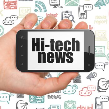 News concept: Hand Holding Smartphone with  black text Hi-tech News on display,  Hand Drawn News Icons background, 3D rendering